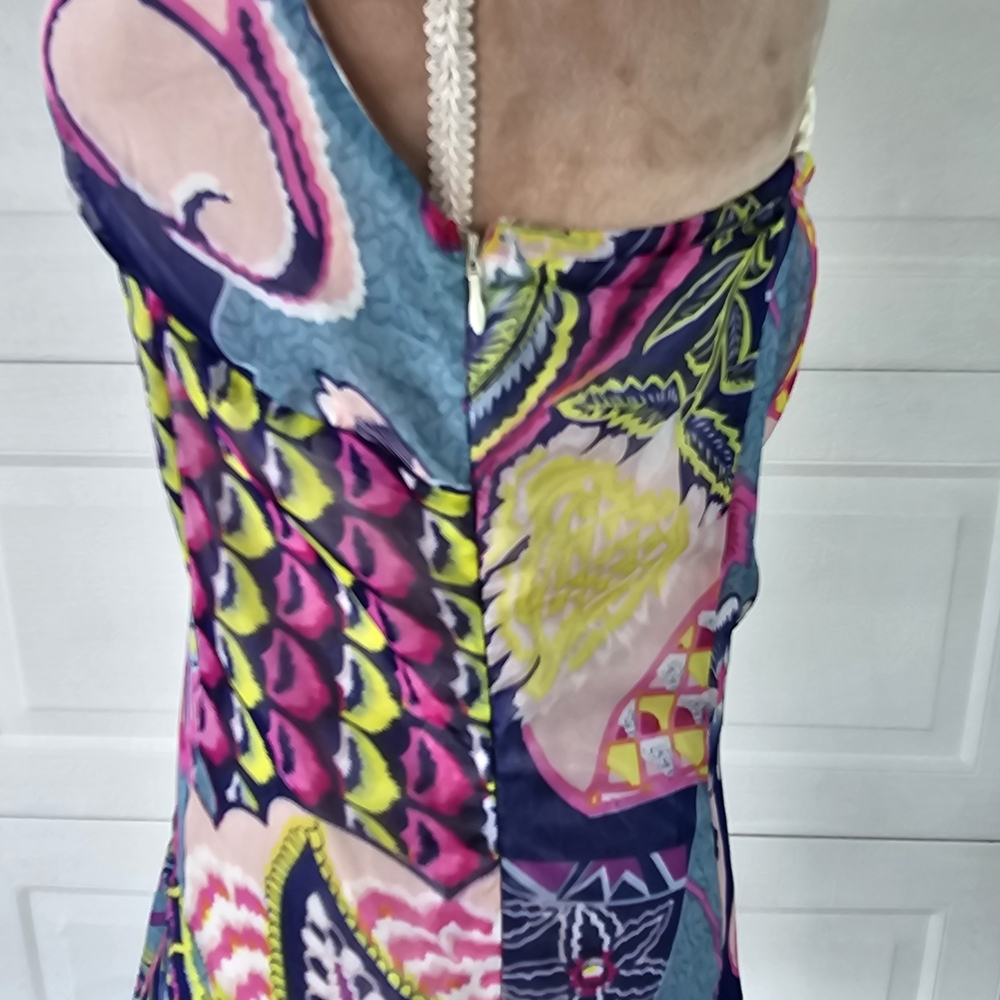Peppe Peluso Boho Halter Dress L Bright Abstract Print Tiered Ruffle Summer - Picture 4 of 16